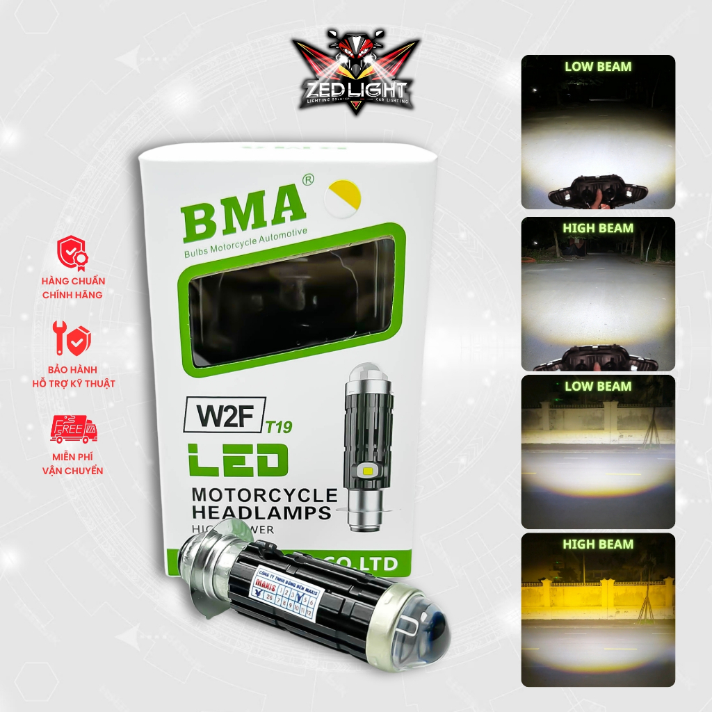 Đèn Pha Bi Cầu W2F BMA - 30W12,24V Điện Bình  Chân M5 Lắp Xe Máy - Ánh Sáng Trắng & Vàng