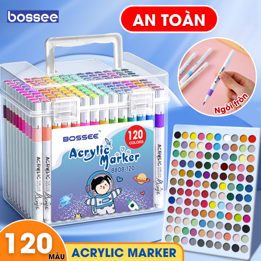 Hộp 120 Bút Màu Acrylic Marker Bossee Tô Vẽ Mọi Chất Liệu Sáng Tạo DIY Cực Chất - Họa Cụ An Toàn Cho Bé Khám Phá