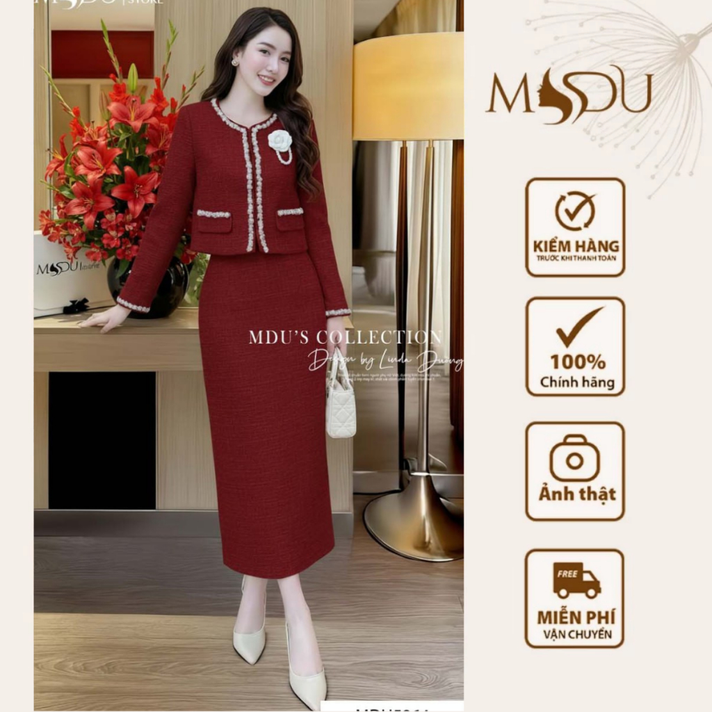 Váy Thiết Kế MDU5864 Chất Liệu Dạ Tweed Cao Cấp  Dáng Dài Đính Ngọc Liền Kết