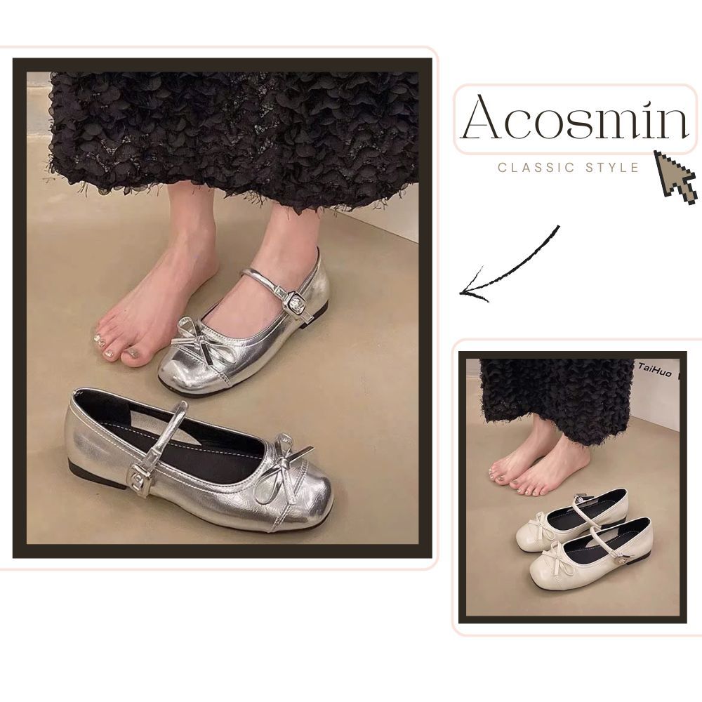 Giày Búp Bê Nữ Lolita, Giày Mary Jane Nữ Phối Nơ Đế Bệt Đen Nâu Kem Xám Bạc || Mã N02