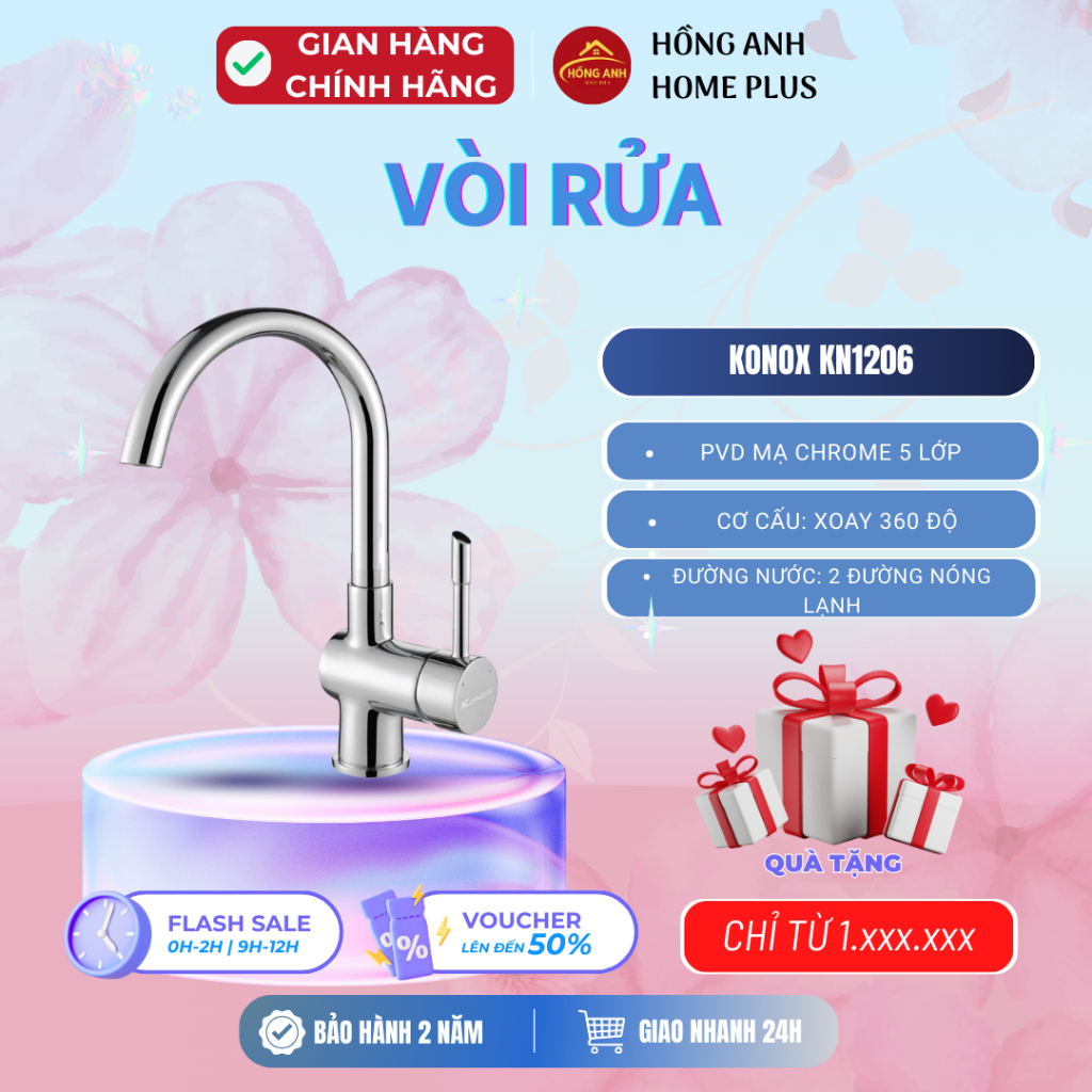 Vòi rửa bát Konox KN1206 mạ PVD Chrome 5 lớp 2 đường nóng lạnh xoay 360 độ chính hãng