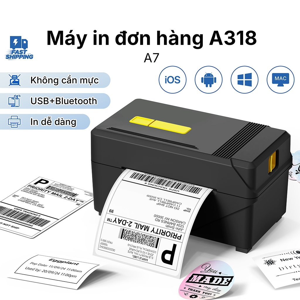 Máy In Nhiệt FlashLabel Thermal Label Printer A318 phiên bản thường Blutooth In Khổ A7 In Đơn Hàng, 