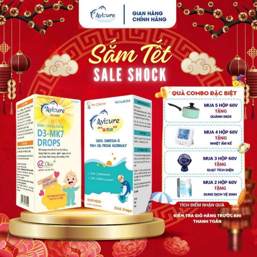 Combo Avisure D3MK7 và Avisure DHA smart kid hỗ trợ bé cao lớn, thông minh, mắt sáng 40ml