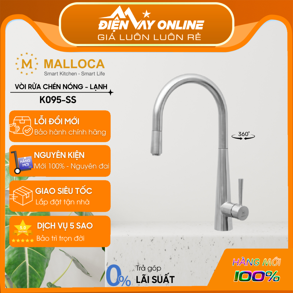 [FREESHIP HCM] Vòi Rửa Bát 2 Nguồn Nước Malloca K095-SS -Có Dây Rút - SUS304, Bộ lọc tạo bọt - Hỗ Tr