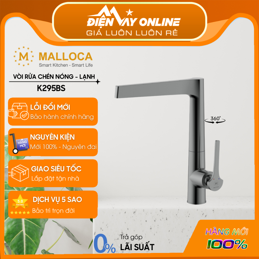 [FREESHIP HCM] Vòi rửa bát nóng lạnh Malloca K295BS -  Đồng mạ PVD (Titan) - Bộ lọc tạo bọt- Hỗ Trợ 