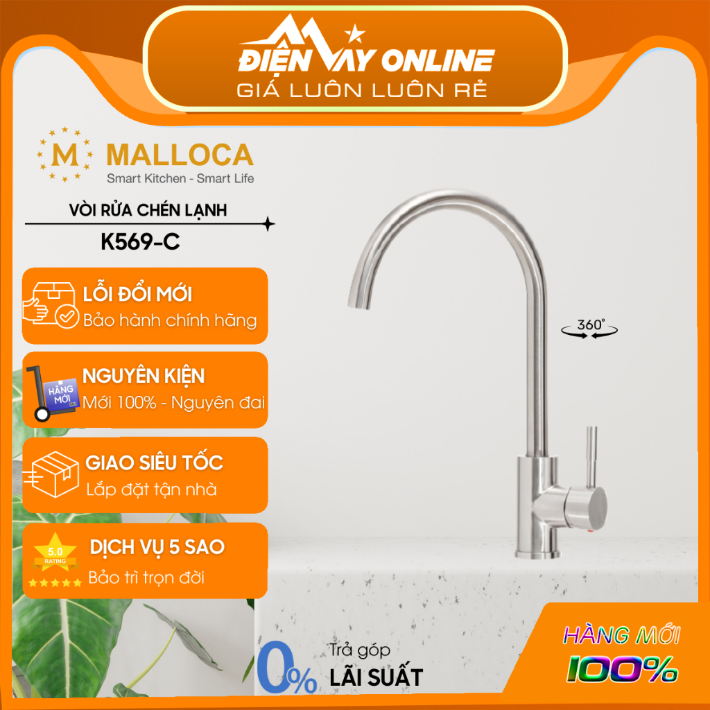 [FREESHIP HCM] Vòi rửa chén Inox 304 Malloca K569-C- Thiết kế 1 đường nước, chống bắn - Hỗ Trợ Lắp Đ