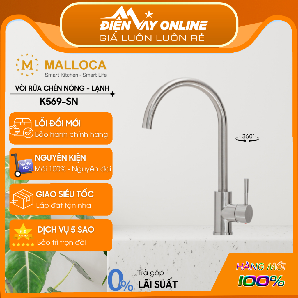 [FREESHIP HCM] Vòi rửa nóng lạnh Malloca K569-SN - Inox 304 - Bộ lọc tạo bọt - Hỗ Trợ Lắp Đặt