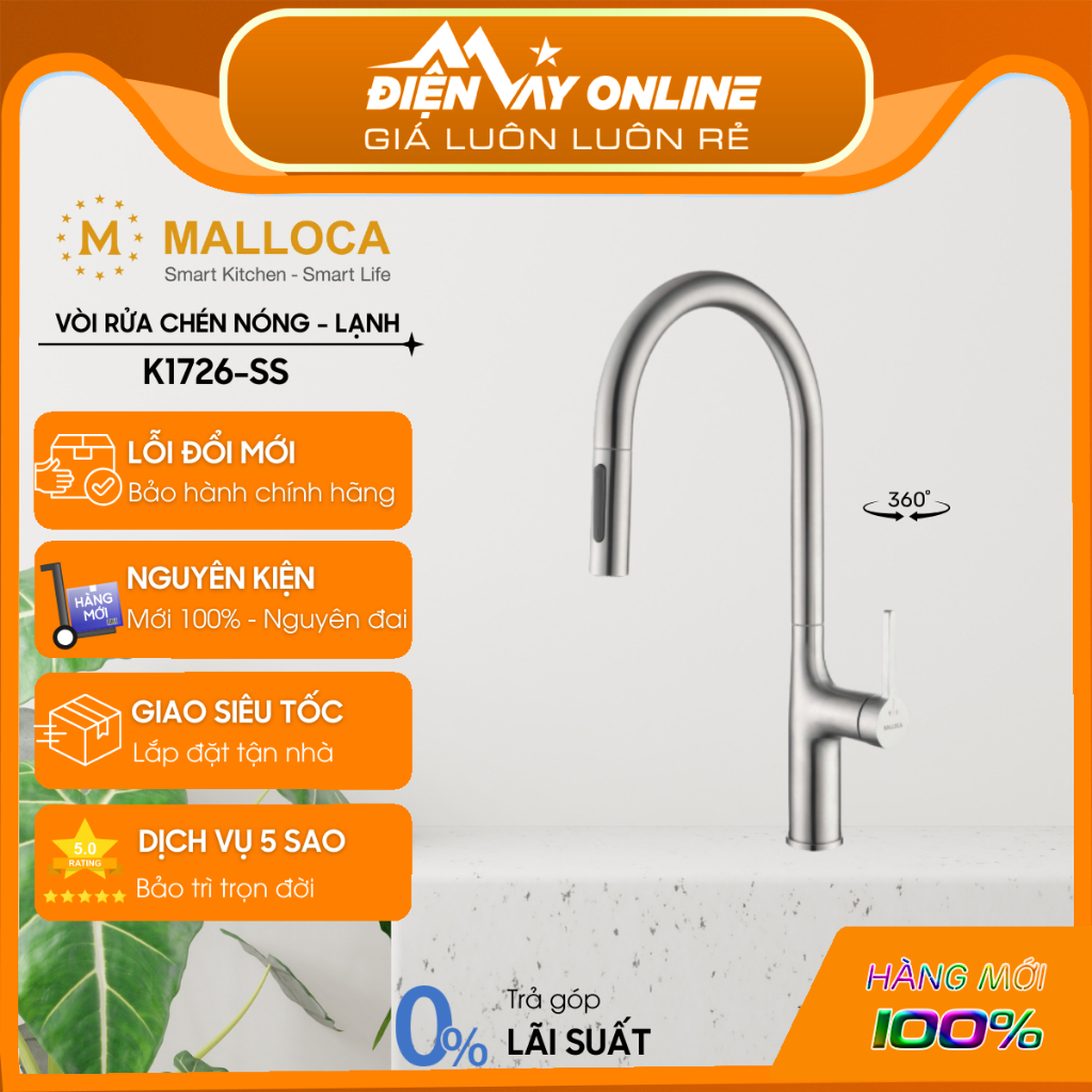 [FREESHIP HCM] Vòi bếp dây rút nóng lạnh Malloca K1726-SS - SUS304 - Chống bắn nước thông minh - Hỗ 