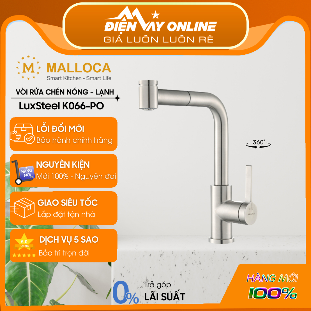[FREESHIP HCM] Vòi Rửa Chén 2 Nguồn Nước Malloca LuxSteel K066-PO - Có Dây Rút - SUS304 - Push to Sp