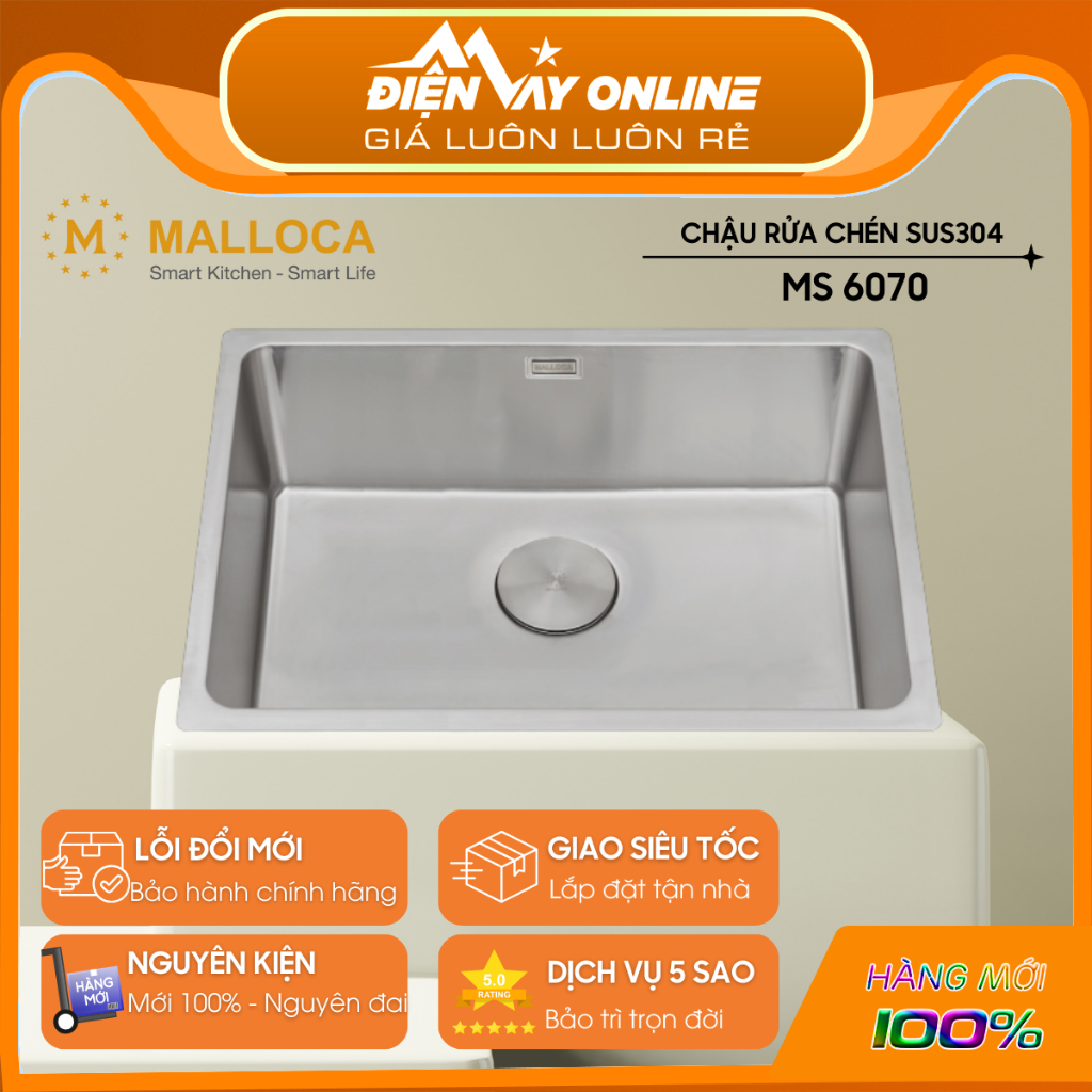 [HỖ TRỢ LẮP ĐẶT] Chậu rửa bát inox 304 Malloca MS 6070 -1 Hộc Lớn, Ngăn Mùi, Chống Ồn -Ngang 700mm- 