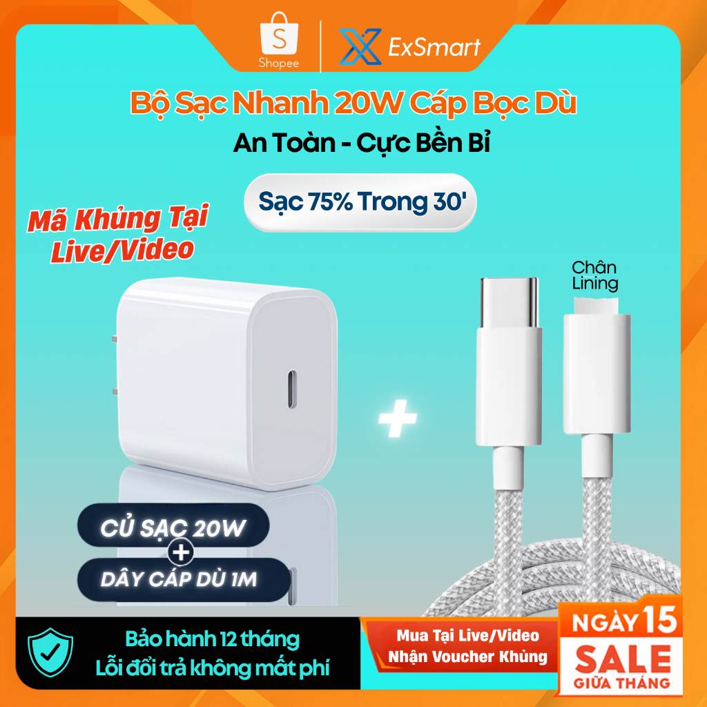 Bộ Củ Cáp Sạc Nhanh 20W Exsmart Củ Sạc PD20W Dây sạc dù chống gãy gập An Toàn Ổn Định Bảo Vệ Thiết B