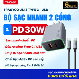 Bộ Sạc Nhanh TRANYOO US13 Cổng Type C | USB Hỗ Trợ Sạc Nhanh PD 30W Sạc Nhanh và Mat Hơn với Chip IC