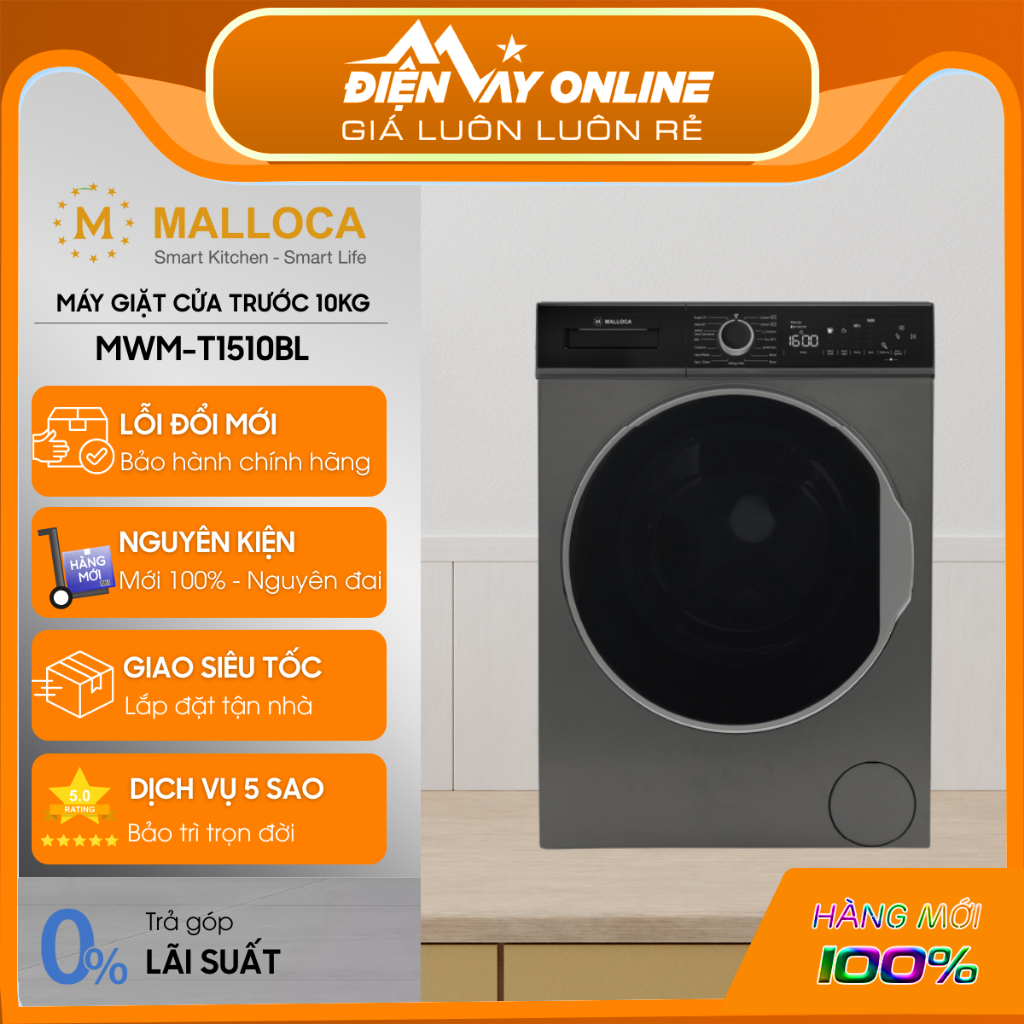 [HỖ TRỢ LẮP ĐẶT] Máy Giặt Quần Áo 10Kg Malloca MWM-T1510BL - Inveter, Twinjet, Eco-logic, Foam Prote
