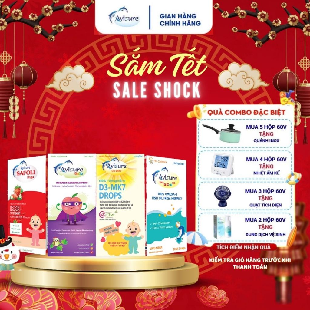 Bộ tứ Avisure D3MK7, DHA, Sắt Safoli, Tăng đề kháng Muno cho bé khoẻ mạnh, cao lớn, thông minh, mắt