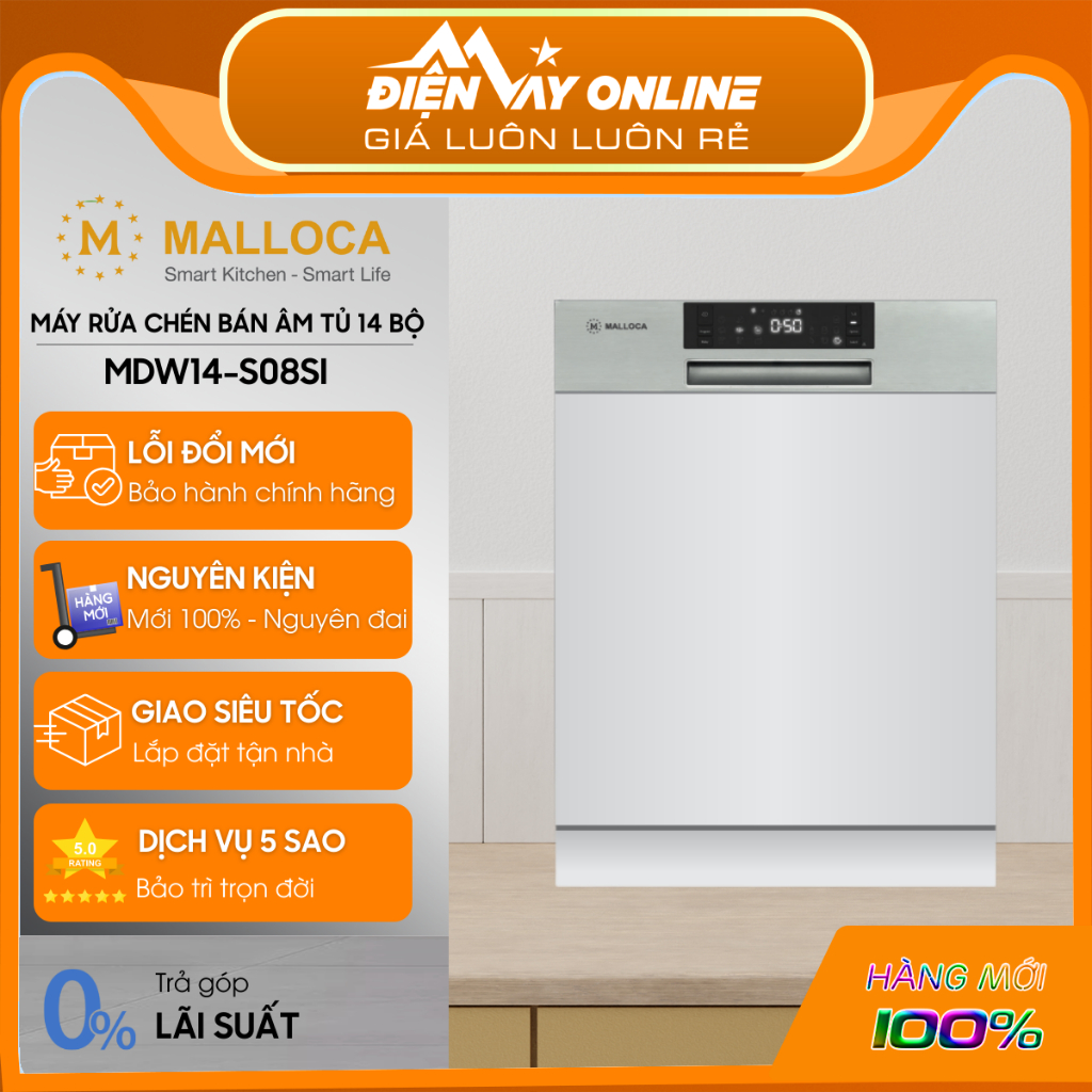 [HỖ TRỢ LẮP ĐẶT] Máy Rửa Bát 14 bộ Malloca MDW14-S08SI - Tự Động Hé Cửa - Xuất Xứ Thổ Nhĩ Kỳ - Bảo h