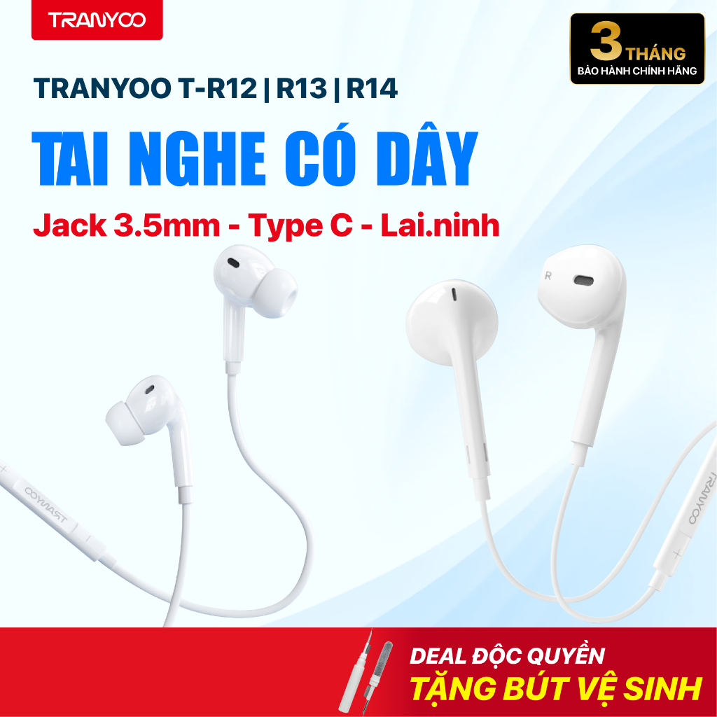 Tai Nghe Có Dây TRANYOO T-R12 R13 R14 Thiết Kế Nhét Tai Phù Hợp Nhu Cầu Văn Phòng, Học Tập, Giải Trí
