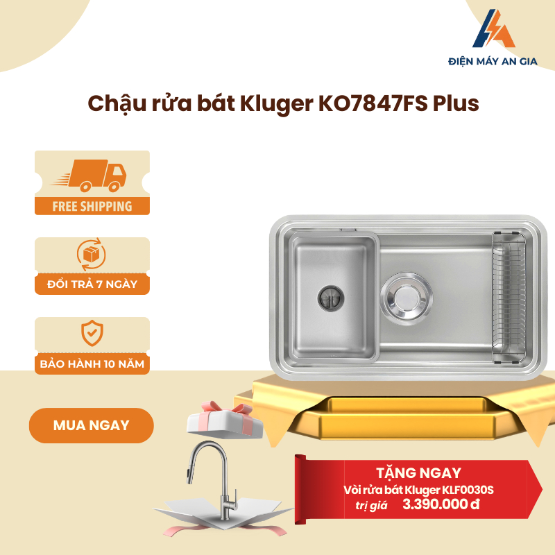 Chậu rửa bát Kluger KO7847FS Plus - Dáng Vuông - Bề Mặt Linen Chống Xước -  Inox POSCO 304 - PEB