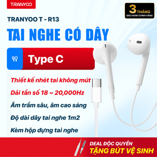 Tai Nghe Có Dây TRANYOO T-R13 Thiết Kế Nhét Tai Đầu Type C Dành Cho Gaming, Học Online, Nghe Nhạc