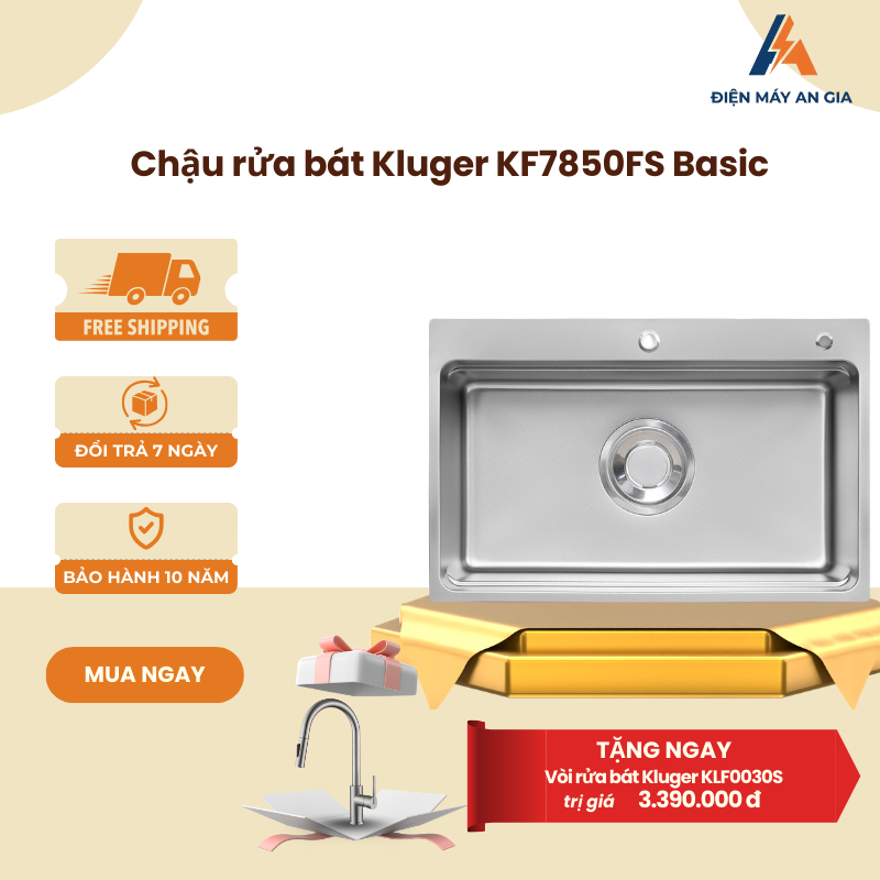 Chậu Rửa Bát 1 hố Kluger KF7850FS Basic - Chất liệu POSCO 304 Chống Ăn Mòn - PEB