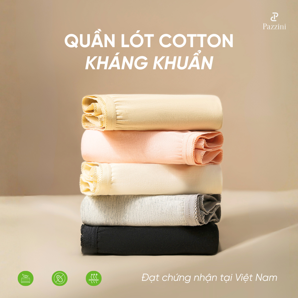 Combo 3 quần lót nữ cotton kháng khuẩn Pazzini kháng nấm co giãn viền chun, thoải mái tốt - WU009