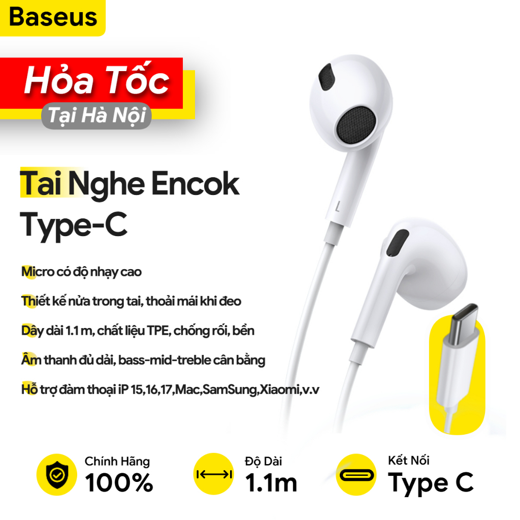 Tai nghe Type-C Baseus, hỗ trợ đàm thoại cho lP15,16,17, M.AC..., âm thanh trung thực, thoải mái