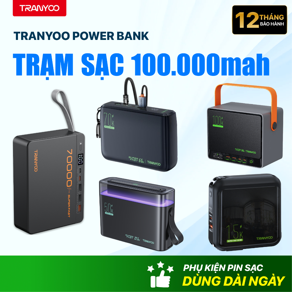 Pin Sạc Dự Phòng TRANYOO POWER BANK Max 100000mAh Sạc Công Suất Lớn, 5 Cổng 4 Thiết Bị Sạc Cùng Lúc