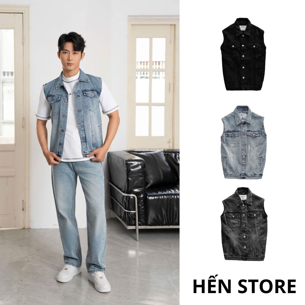 [HẾN STORE MENSWEAR] Áo khoác nam Heboz ghile denim 3M, áo khoác denim không tay áo basic trơn - 000