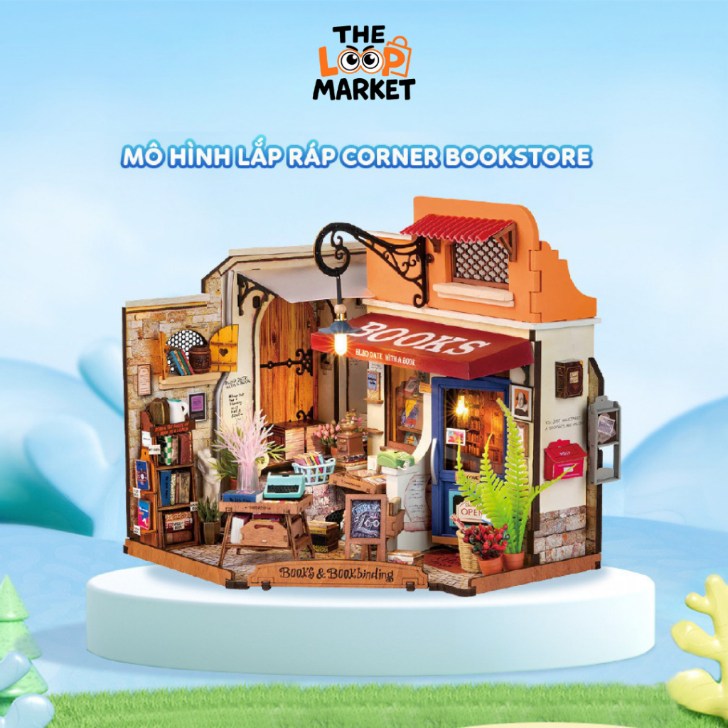 Mô Hình Lắp Ráp Nhà Búp Bê Robotime Rolife Corner Bookstore, Mô Hình Nhà Lắp Ghép DIY, Đèn Led