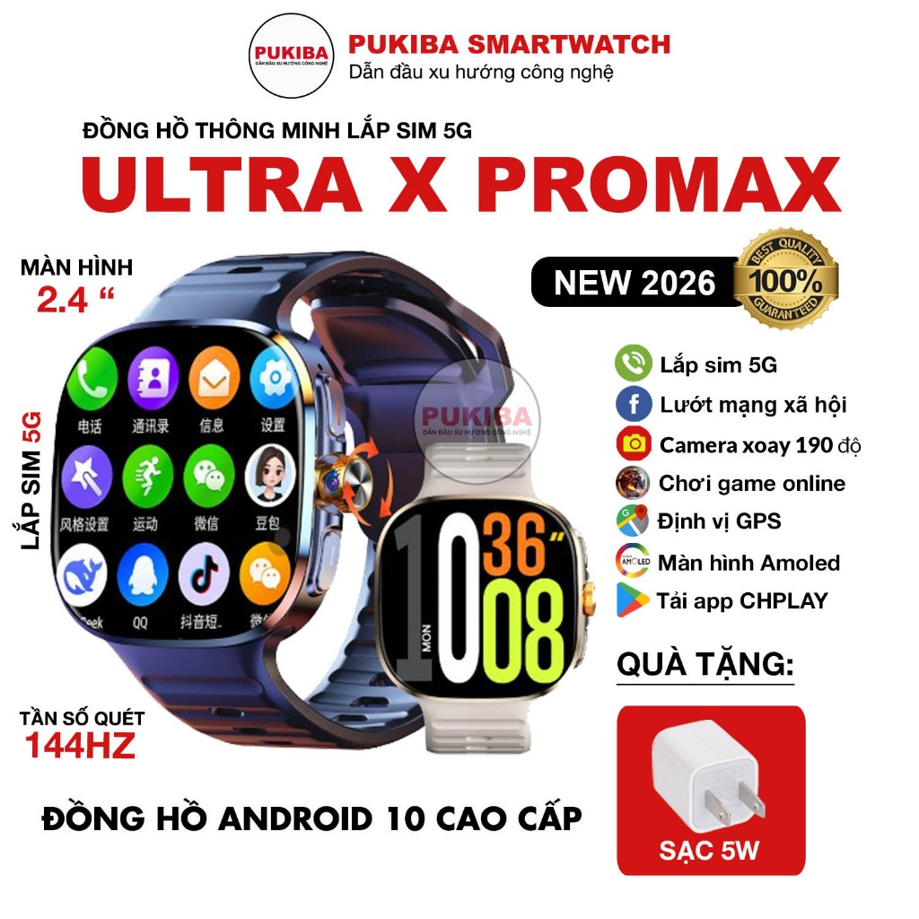 Đồng Hồ Ultra X Promax 2025 2.4" 144hz Lắp Sim 5G, Lướt MXH, Xem Phim, Game, Android 10, GPS, CHplay