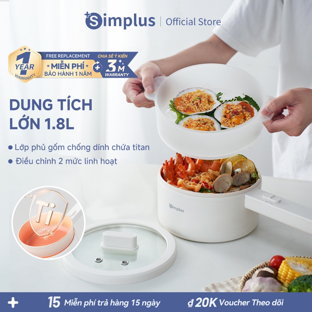 Simplus Nồi lẩu điện 1.8L có tay cầm dài, công suất 600W, DZGH012 nấu đa năng, nồi chống dính phủ me