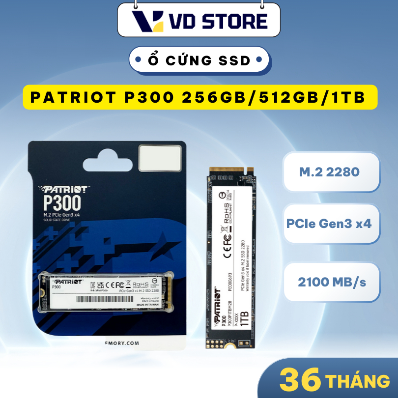 Ổ Cứng SSD Patriot P300 256GB/ 512GB/ 1TB M.2 2280 PCIe NVMe (Gen 3x4)