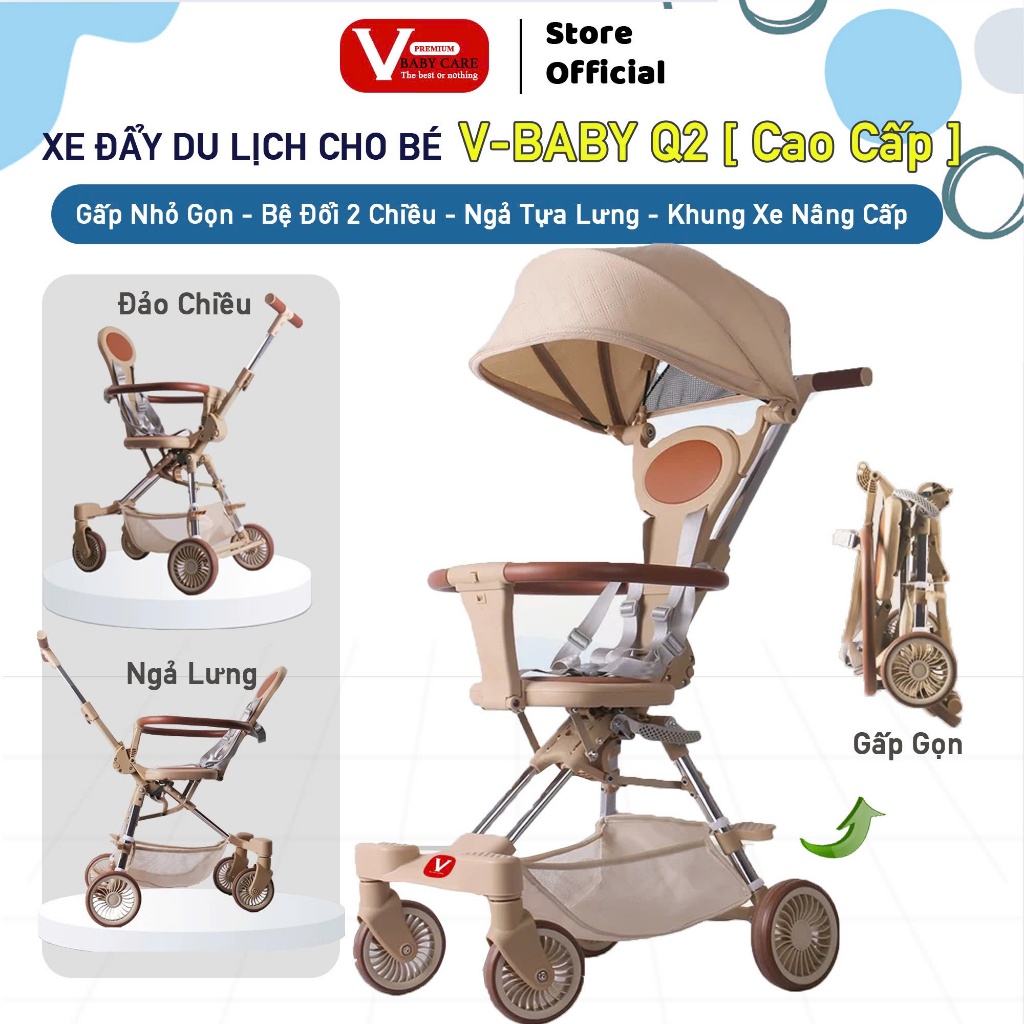 Xe Đẩy Gấp Gọn Nhẹ Đảo Chiều Ngả Lưng V-BABY Q2 Màu Cà Phê, Khung Inox Chắc Chắn