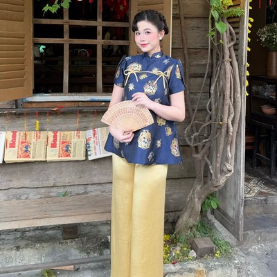 Set áo gấm đính nơ kèm quần lụa cao cấp diện Tết đi chơi Callene (CC546)