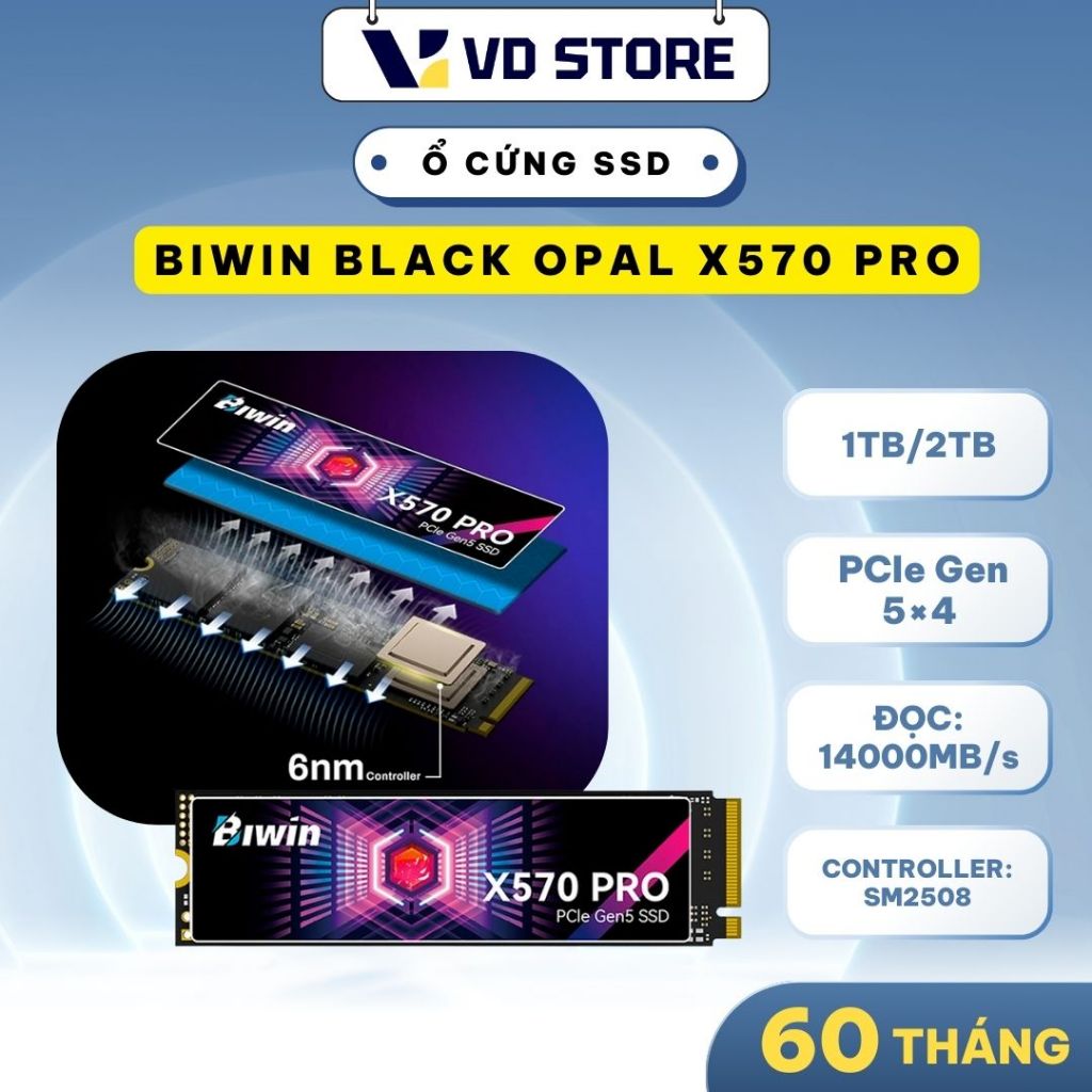 Ổ cứng SSD Biwin Black Opal X570 Pro 2TB PCIe Gen5 x4 NVMe M.2 BX570DN02TB-RGX