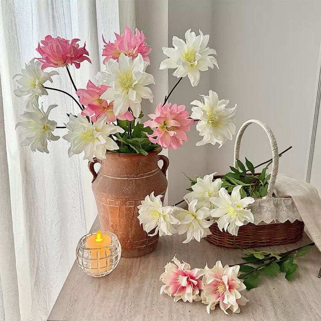 Hoa thược dược vải lụa, hoa giả cao cấp giống thật dài 73cm trang trí phòng khách, decor studio quán