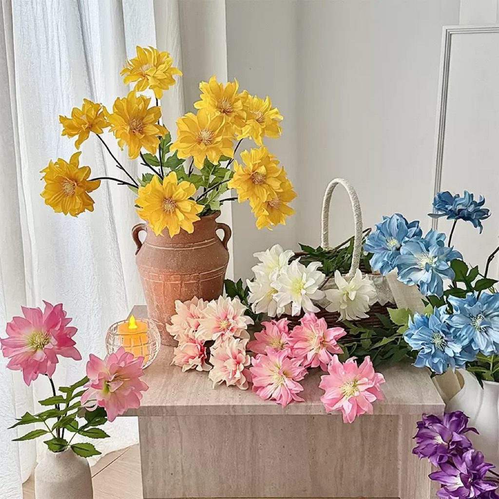 Hoa thược dược giả mẫu mới, hoa lụa cao cấp cành dài 73cm cắm bình trang trí phòng khách decor store