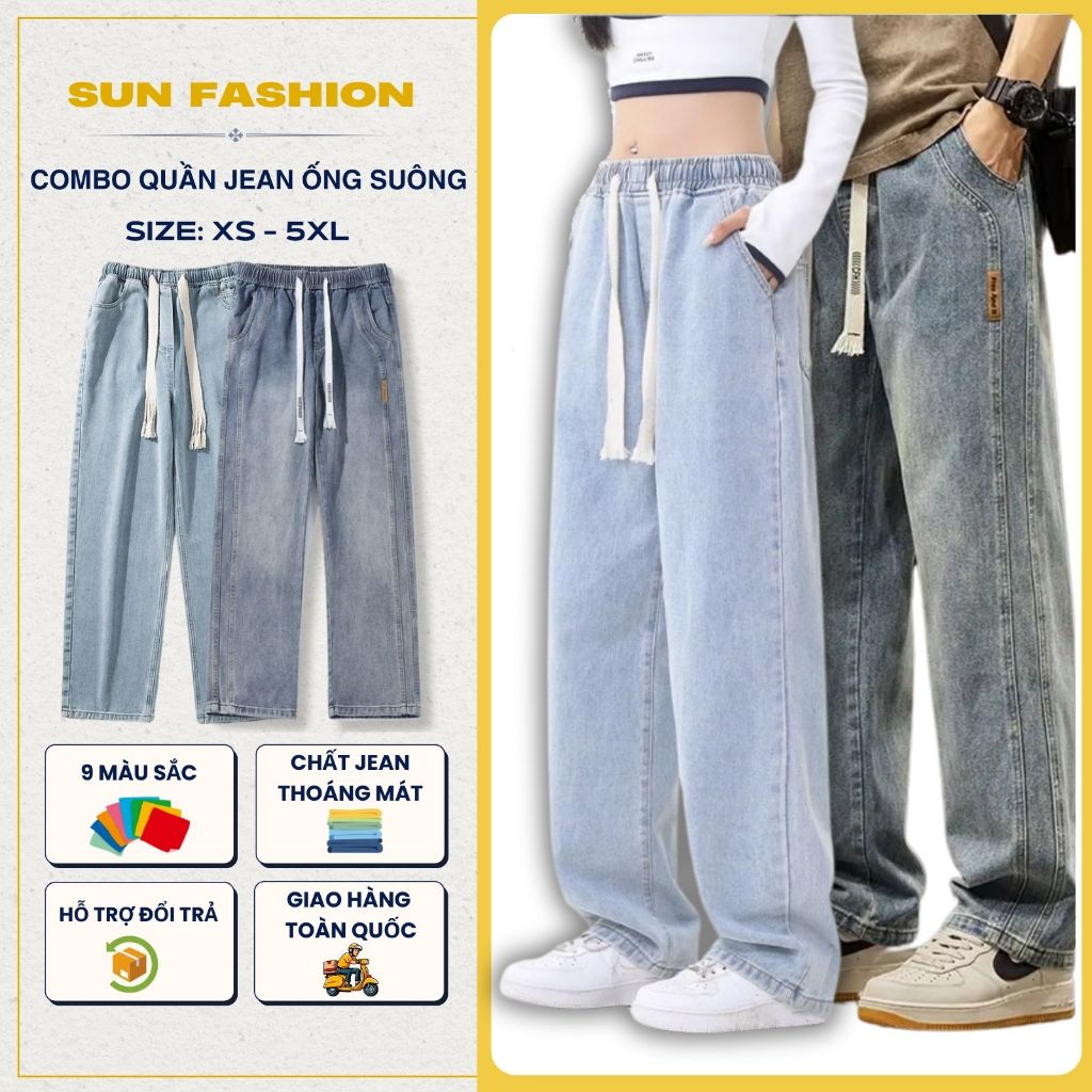 [COMBO 2 quần jean mã 09+N9] Quần jean nam nữ ống rộng cạp chun SUN form unisex rộng rãi, dễ mặc