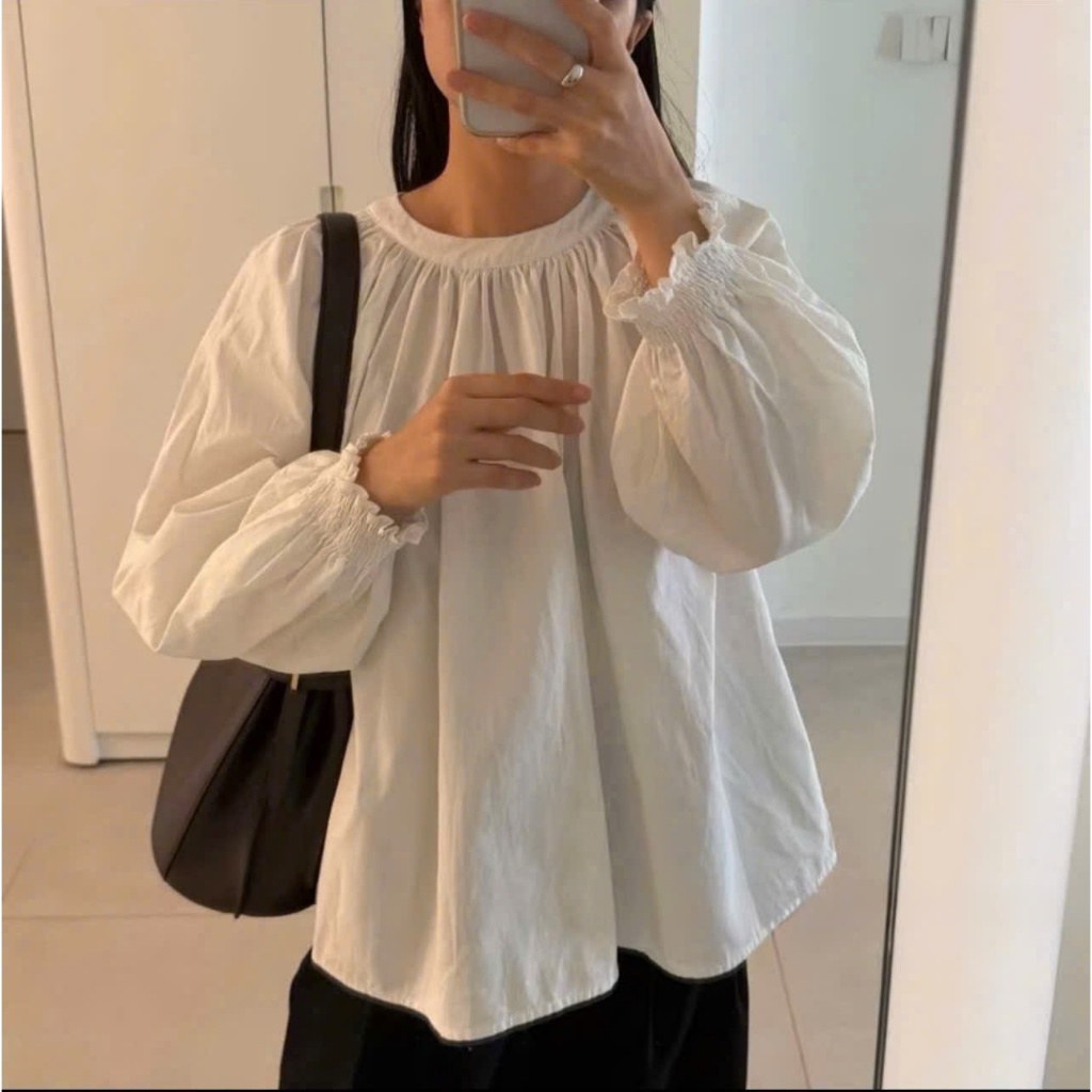 Áo sơ mi cổ trụ form rộng xoè tay bồng bo chun chất thô 3 màu by Cimie Closet