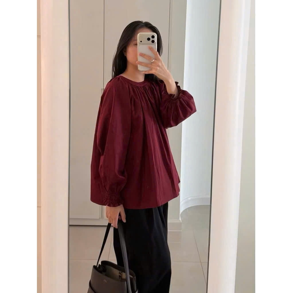 Áo sơ mi cổ trụ form rộng xoè tay bồng bo chun chất thô 3 màu by Cimie Closet