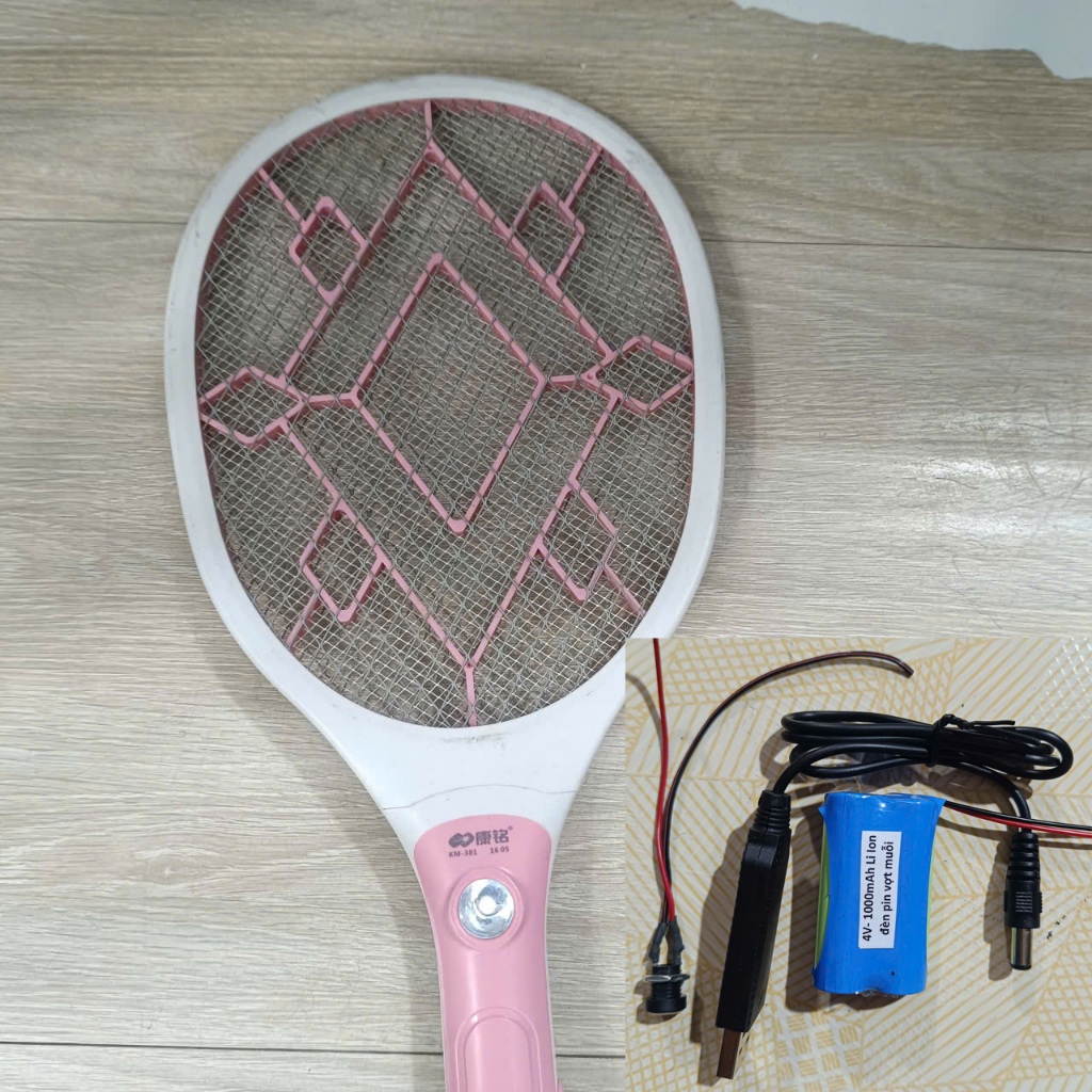 Bộ pin dây sạc 4v li ion  chế cho vợt muỗi dùng pin chì đèn