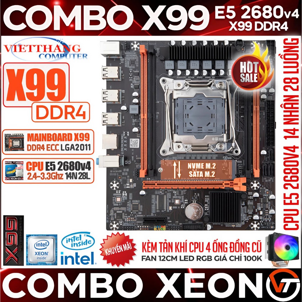 Combo X99 OEM Chạy giả lập - Main X99 DDR4 OEM + CPU Xeon E5 2680v4 14N-28L No Ram ( Main New 100% )