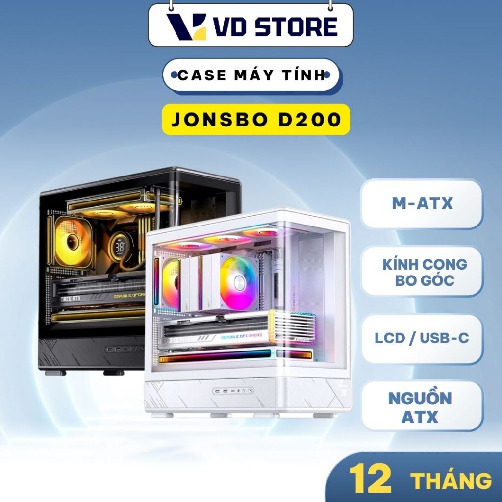 Case Máy Tính Jonsbo D200 Black / White, Kính Cong, Có Hiển thị nhiệt độ, M-ATX / ITX, No Fan