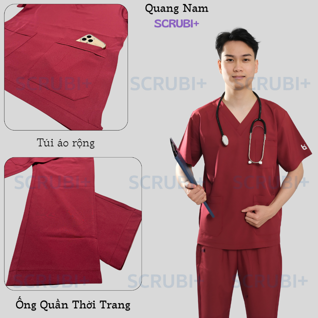 Bộ Scrubs Bác Sĩ, Đồng Phục Spa Vải Lon Co Giãn Thương hiệu Scrubs+ Áo Cổ Tim Chữ V Hàng Phổ Thông