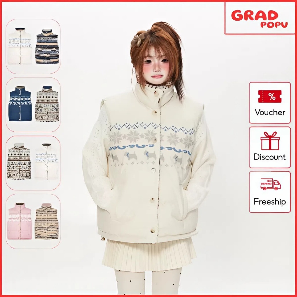 Áo khoác gile GRADPOPU thiết kế hai mặt với cổ đứng bằng cotton giả lông cừu ấm áp thời trang AK640