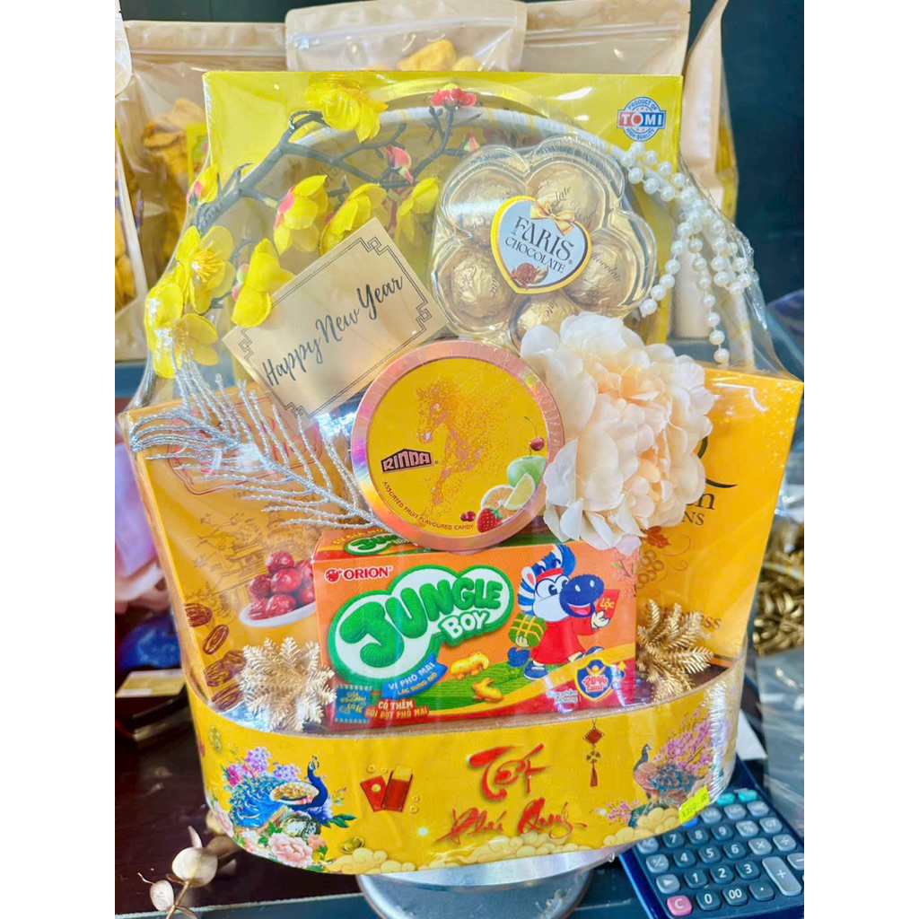 giỏ quà tết phú quý sẵn 3 màu đỏ xanh vàng 35x25