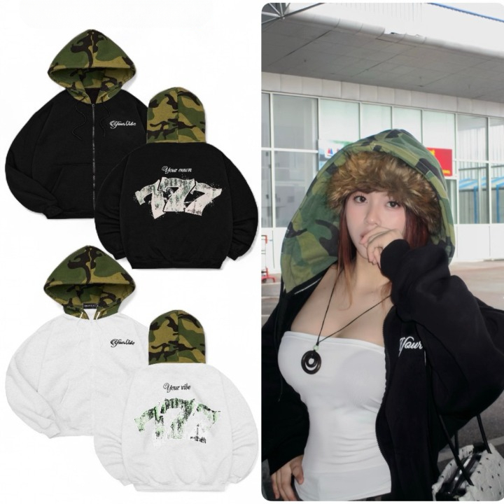 Áo Khoác Hoodie Khoá Zip Hoạ Tiết Camo Chữ Thêu Áo Hoodie Nam Nữ Form Rộng YOUR VIBE