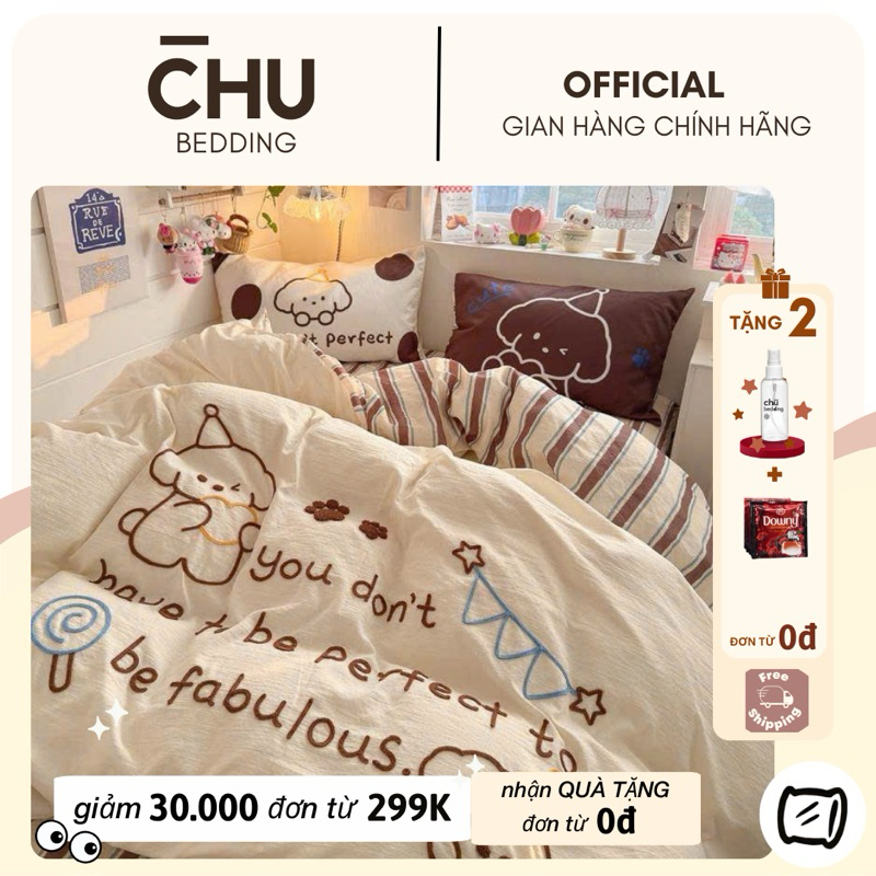 ✨FLASHSALE✨Set chăn ga gối Thêu nổi Thú cưng- CHÙ BEDDING (M.H.T)