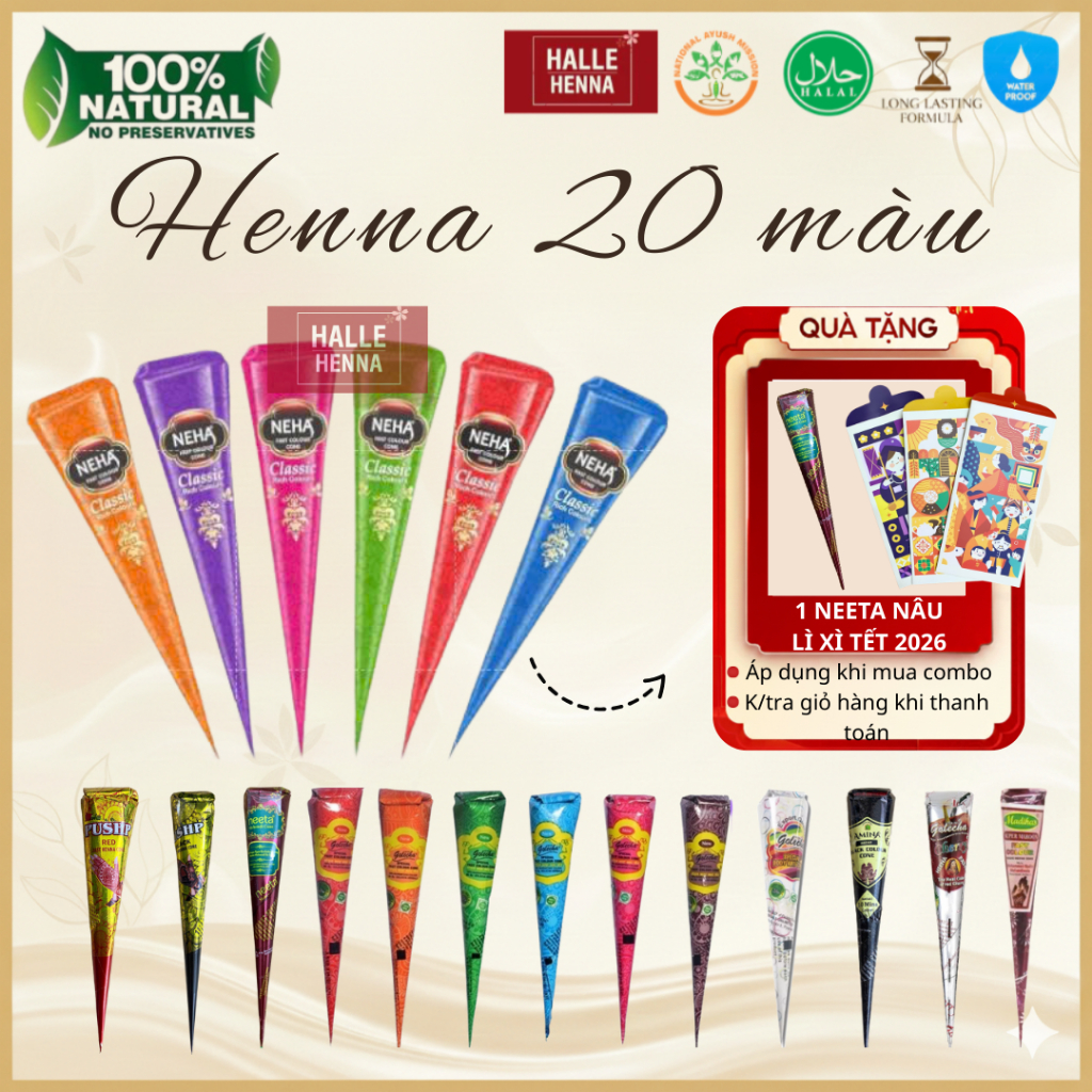 Mực Vẽ Henna Jagua 20 màu Ấn Độ Bền Màu Thành Phần Từ Thiên Nhiên An Toàn