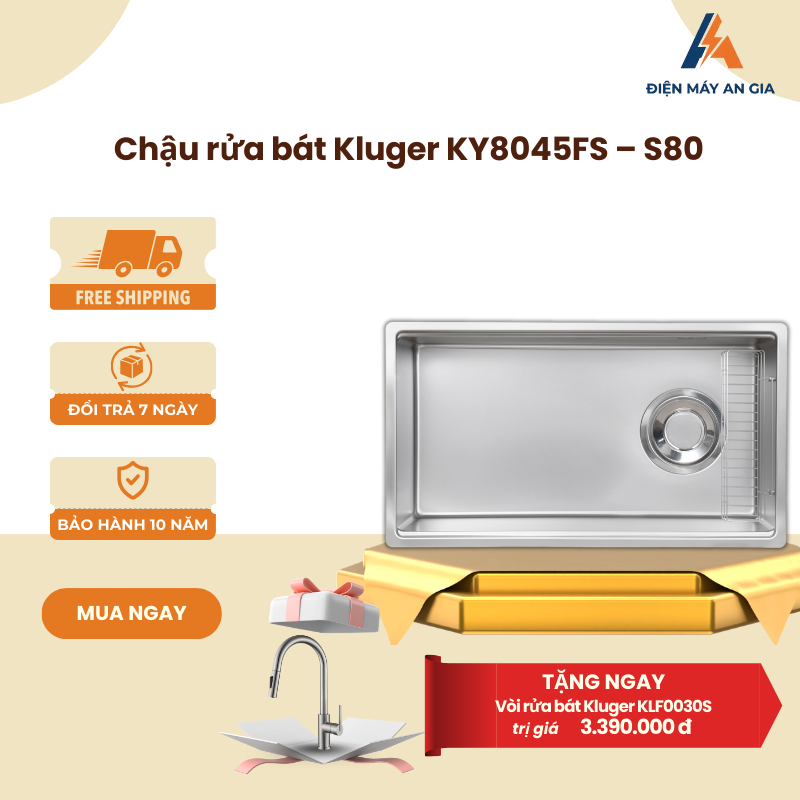 Chậu rửa bát Kluger KY8045FS – S80 – Inox Posco 304 Bền Bỉ – Bề Mặt Hạt Linen Dễ Vệ Sinh - PEB