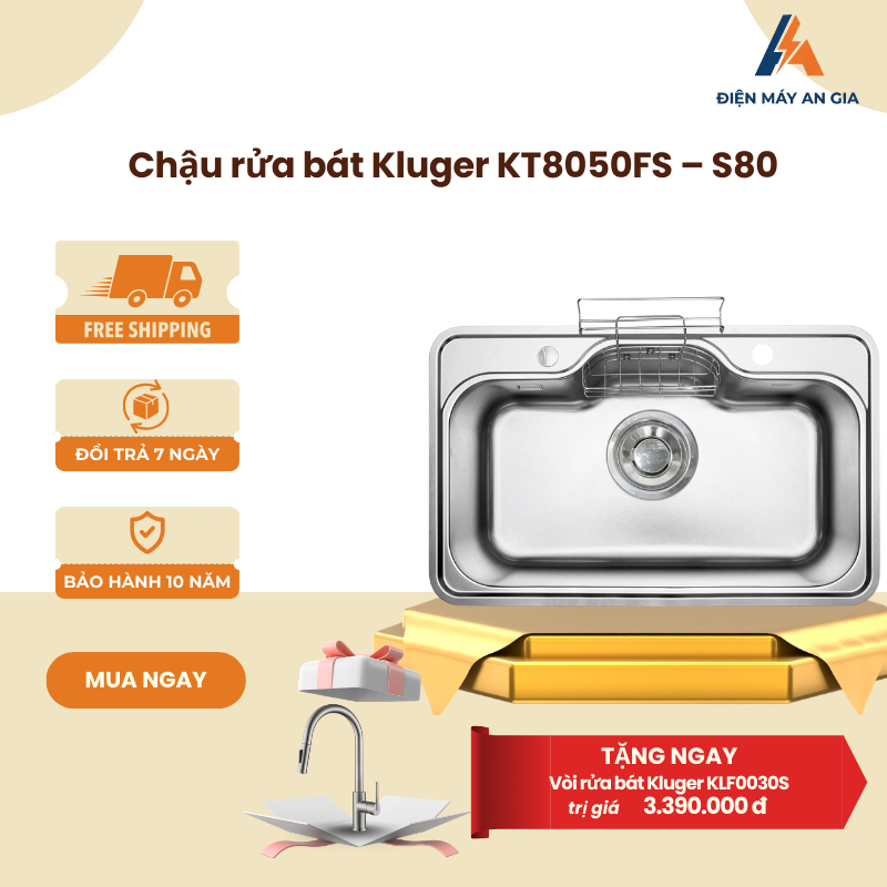 Chậu rửa bát Kluger KT8050FS – S80 - Chất Liệu Inox 304 - Bề Mặt Chống Trầy Xước - PEB